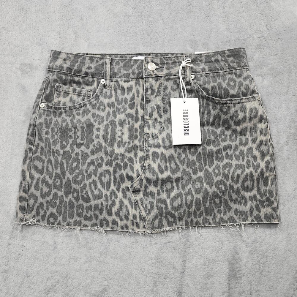 NEW Disclosure Skirt Women 11 Juniors Gray Leopard Denim Pencil Mini Stretch